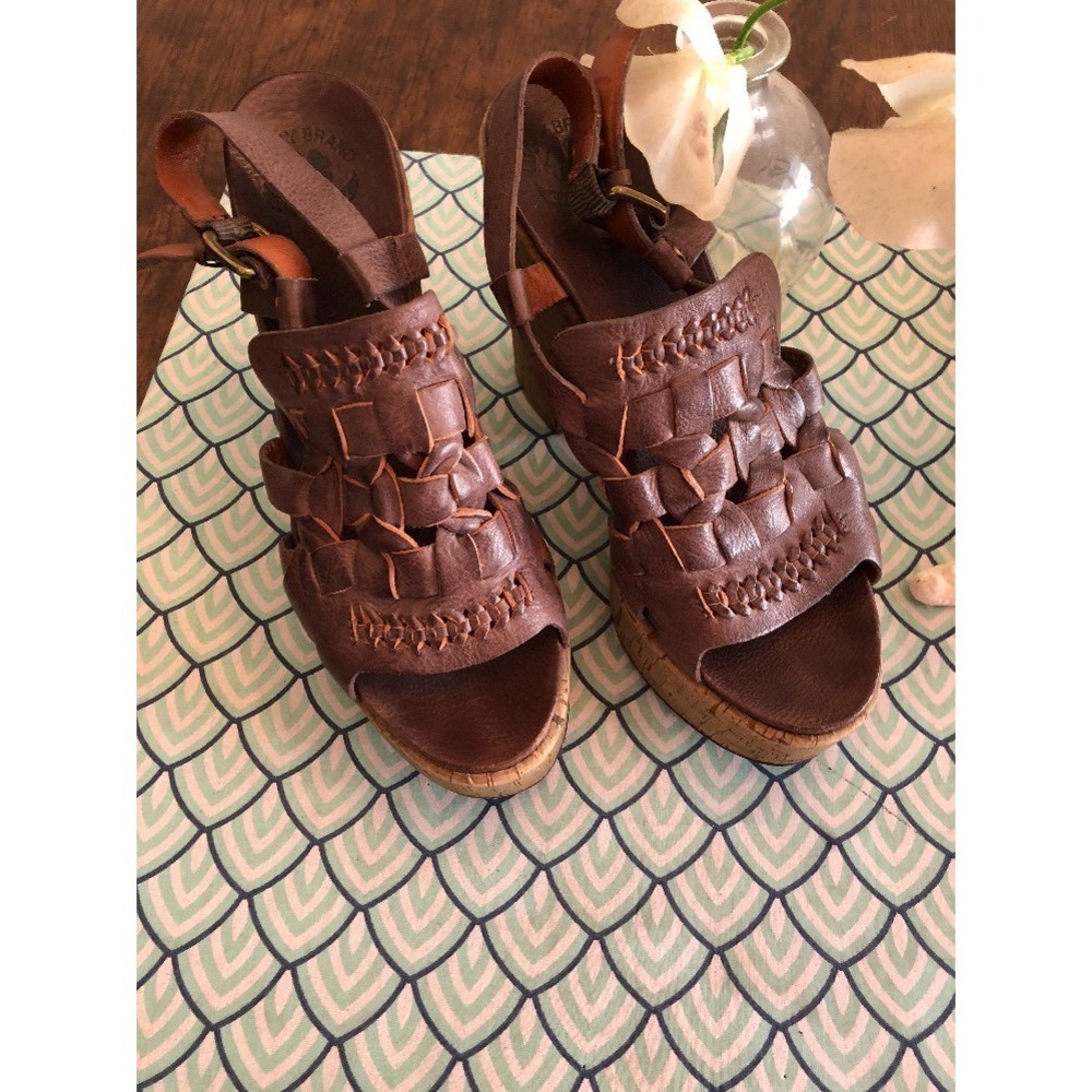 Lucky Brand Pebbles K-Teri Brown Leather Cork Wedge Platform Sandals 7.5